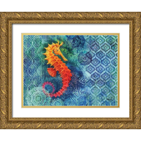 Seahorse Batik Gold Ornate Wood Framed Art Print with Double Matting by Brent, Paul