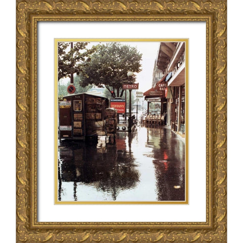 Sidewalk in Rain Gold Ornate Wood Framed Art Print with Double Matting by Cieslikowski, Zeny