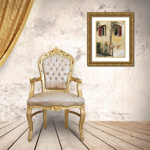 Two Windows Red Shutters Gold Ornate Wood Framed Art Print with Double Matting by Cieslikowski, Zeny