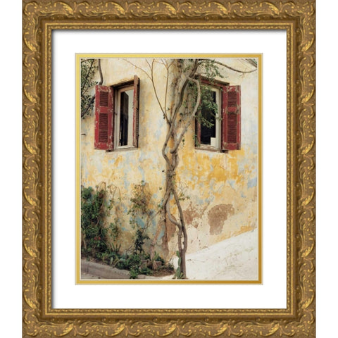 Two Windows Red Shutters Gold Ornate Wood Framed Art Print with Double Matting by Cieslikowski, Zeny
