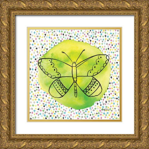 Butterflies Green Gold Ornate Wood Framed Art Print with Double Matting by Frazer, Amy