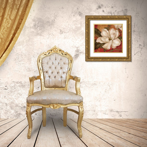 Magnolia on Red II Gold Ornate Wood Framed Art Print with Double Matting by Gladding, Pamela