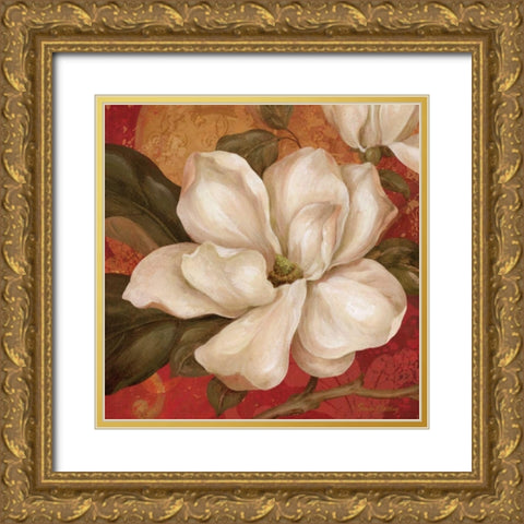 Magnolia on Red II Gold Ornate Wood Framed Art Print with Double Matting by Gladding, Pamela