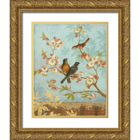 Robins and Blooms Gold Ornate Wood Framed Art Print with Double Matting by Gladding, Pamela