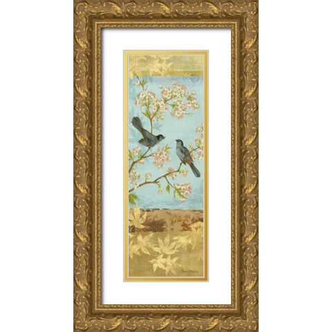 Catbirds and Blooms Panel Gold Ornate Wood Framed Art Print with Double Matting by Gladding, Pamela