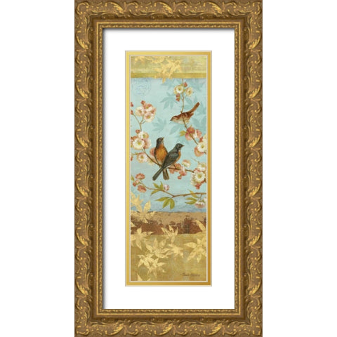 Robins and Blooms Panel Gold Ornate Wood Framed Art Print with Double Matting by Gladding, Pamela