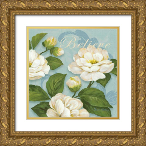 Inspiration Camellias Gold Ornate Wood Framed Art Print with Double Matting by Gladding, Pamela