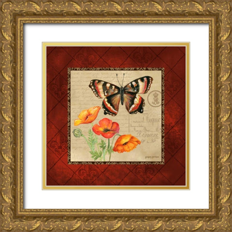Butterfly and Poppies Gold Ornate Wood Framed Art Print with Double Matting by Gorham, Gregory