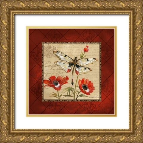Dragonfly and Poppies Gold Ornate Wood Framed Art Print with Double Matting by Gorham, Gregory