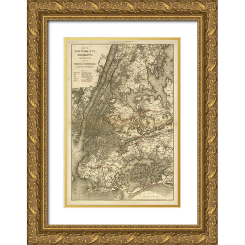 1885 NYC Map Gold Ornate Wood Framed Art Print with Double Matting by Harbick, N.
