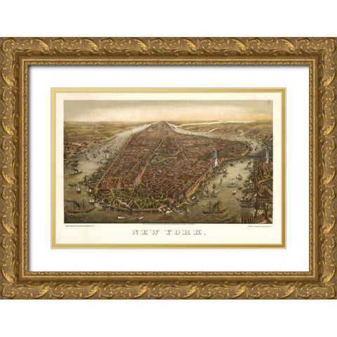 1874 NYC Map Gold Ornate Wood Framed Art Print with Double Matting by Harbick, N.