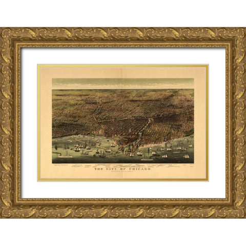 1892 Chicago Map Gold Ornate Wood Framed Art Print with Double Matting by Harbick, N.