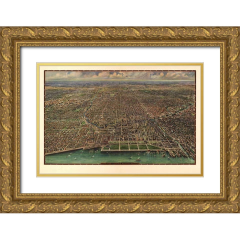 1916 Chicago Map Gold Ornate Wood Framed Art Print with Double Matting by Harbick, N.