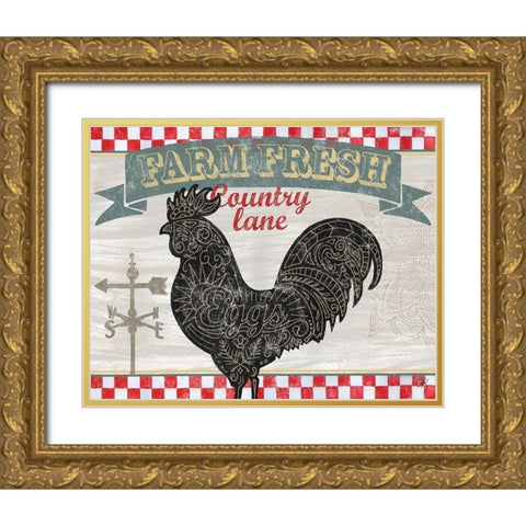 Chicken Farm Sign Gold Ornate Wood Framed Art Print with Double Matting by K, Onna