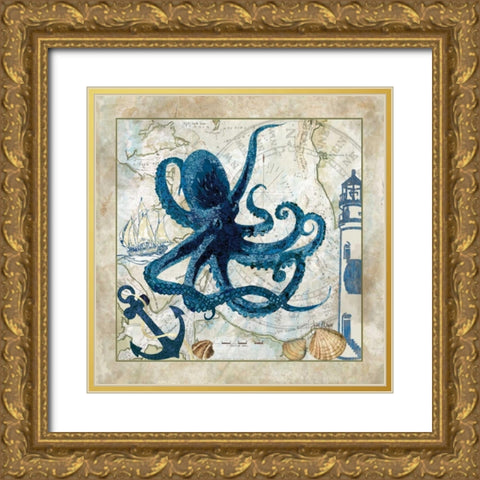 Nautical Octopus Gold Ornate Wood Framed Art Print with Double Matting by Meyer, Jill