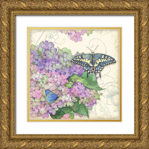 Hydrangea and Butterflies Gold Ornate Wood Framed Art Print with Double Matting by Paton, Julie