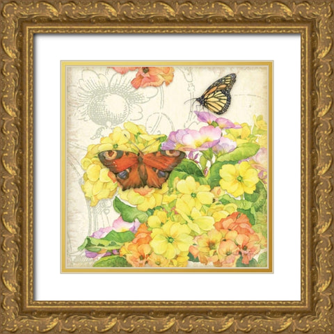 Primrose and Butterflies Gold Ornate Wood Framed Art Print with Double Matting by Paton, Julie
