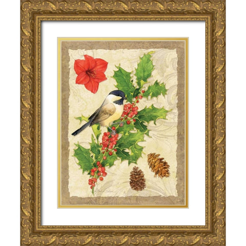 Holiday Chickadee Gold Ornate Wood Framed Art Print with Double Matting by Paton, Julie