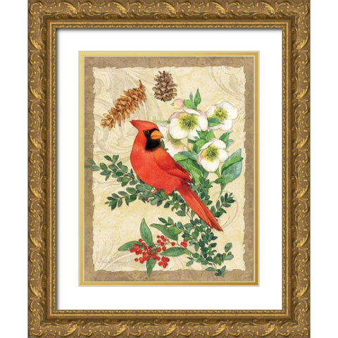 Holiday Cardinal Gold Ornate Wood Framed Art Print with Double Matting by Paton, Julie