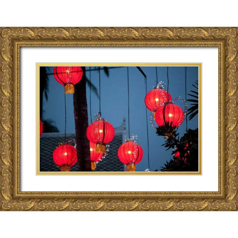 Laos Lanterns Gold Ornate Wood Framed Art Print with Double Matting by Berzel, Erin