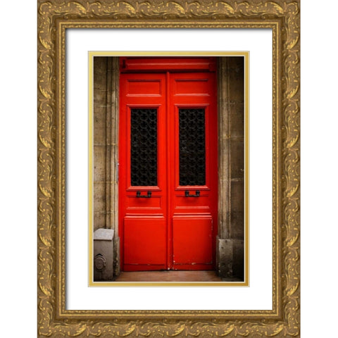 Red Door in Paris Gold Ornate Wood Framed Art Print with Double Matting by Berzel, Erin
