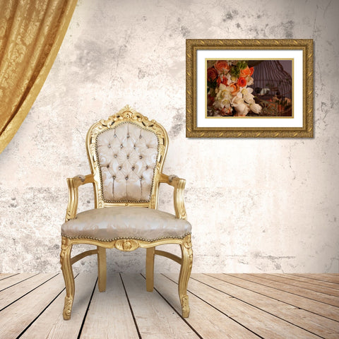 Flowers and Bird Cage I Gold Ornate Wood Framed Art Print with Double Matting by Crane, Rita