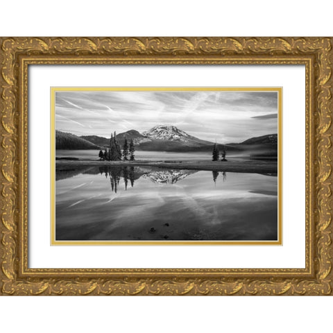 South Sister at Sparks Lake BW Gold Ornate Wood Framed Art Print with Double Matting by Hellmann, Stan