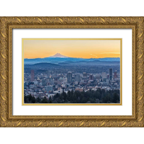 Portland Sunrise Gold Ornate Wood Framed Art Print with Double Matting by Hellmann, Stan