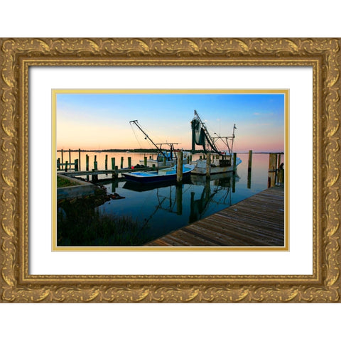 Sunrise on Working Boats Gold Ornate Wood Framed Art Print with Double Matting by Hausenflock, Alan