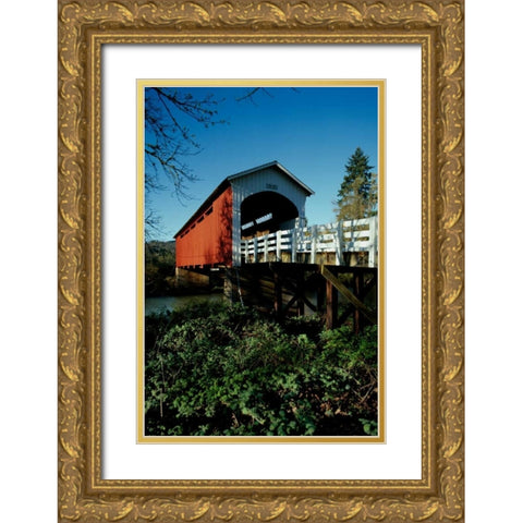Currin Covered Bridge Gold Ornate Wood Framed Art Print with Double Matting by Leahy, Ike