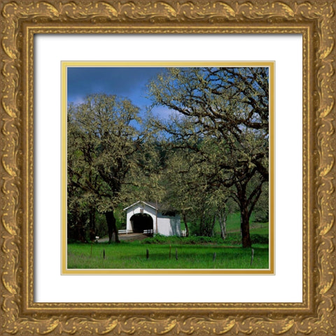 Harris Covered Bridge Gold Ornate Wood Framed Art Print with Double Matting by Leahy, Ike