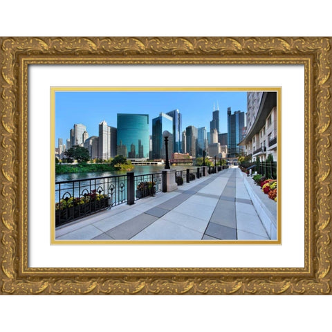 Sidewalk Skyline River Gold Ornate Wood Framed Art Print with Double Matting by Malvin, Larry