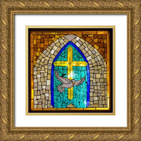 Stained Glass Cross V Gold Ornate Wood Framed Art Print with Double Matting by Mahan, Kathy