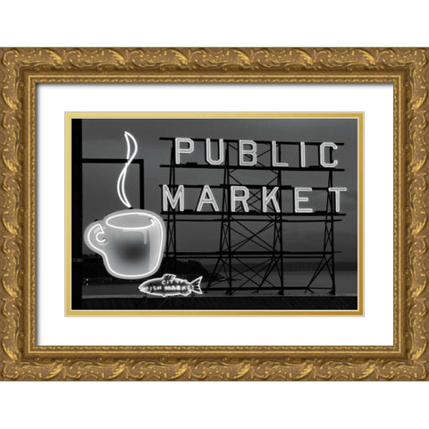 BW Public Market Sign I Gold Ornate Wood Framed Art Print with Double Matting by Stefko, Bob