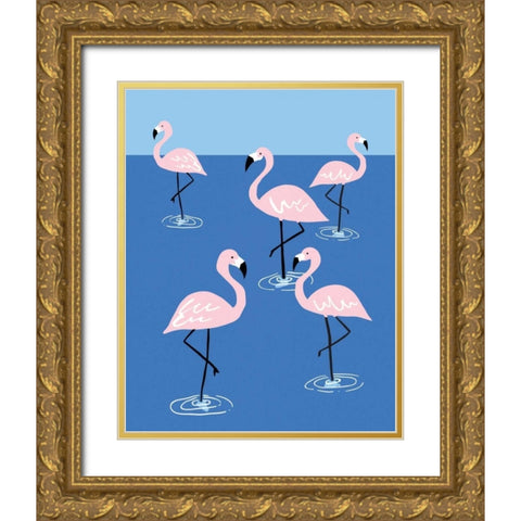 Flamingo Pond II Gold Ornate Wood Framed Art Print with Double Matting by Serna, Isabel