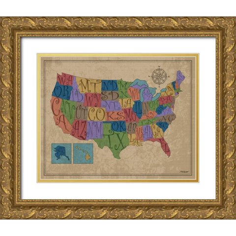 US Map Gold Ornate Wood Framed Art Print with Double Matting by Williams, Todd