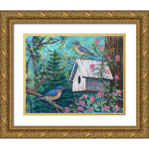 Blue Birds and House Gold Ornate Wood Framed Art Print with Double Matting by Williams, Todd