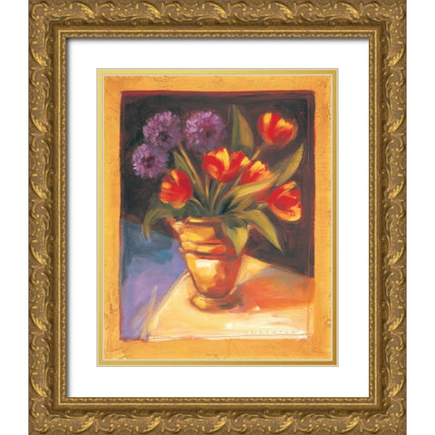 Tulip and Dahlia Gold Ornate Wood Framed Art Print with Double Matting by Waldron, Sarah