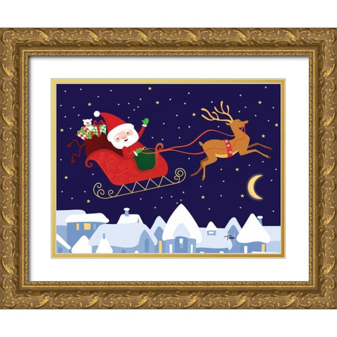 Santa and Reindeer Gold Ornate Wood Framed Art Print with Double Matting by Woo, Teresa
