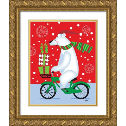 Polar Bear and Bicicle Gold Ornate Wood Framed Art Print with Double Matting by Woo, Teresa