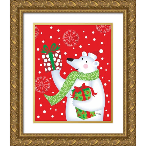 Polar Bear and Presents Gold Ornate Wood Framed Art Print with Double Matting by Woo, Teresa