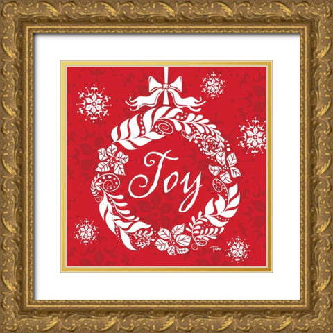 Joy Wreath Gold Ornate Wood Framed Art Print with Double Matting by Woo, Teresa
