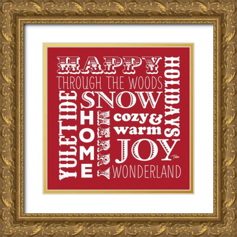 Holiday Words Red Gold Ornate Wood Framed Art Print with Double Matting by Woo, Teresa