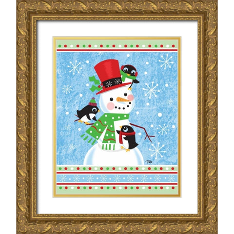 Penguins and Snowman Gold Ornate Wood Framed Art Print with Double Matting by Woo, Teresa