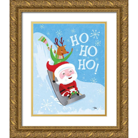 Santa Sledding Gold Ornate Wood Framed Art Print with Double Matting by Woo, Teresa