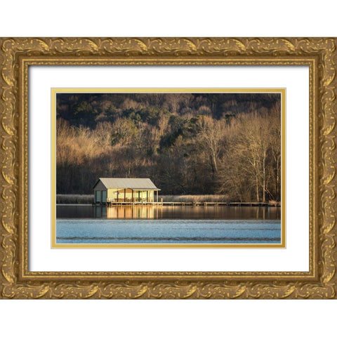 Boathouse Reflections Gold Ornate Wood Framed Art Print with Double Matting by Head, Danny