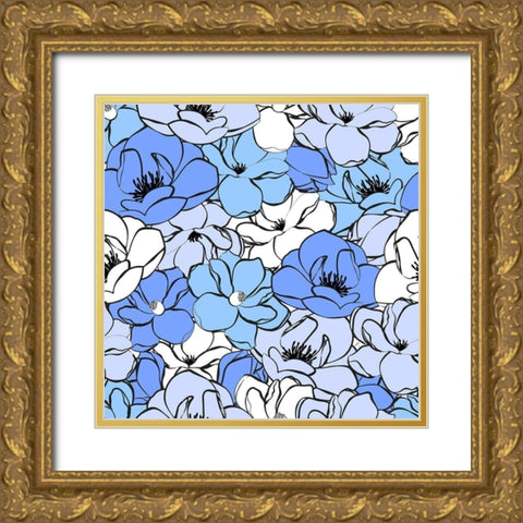 Blue Magnolias Gold Ornate Wood Framed Art Print with Double Matting by Aesthete