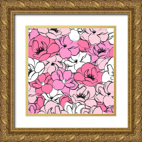 Pink Magnolias Gold Ornate Wood Framed Art Print with Double Matting by Aesthete