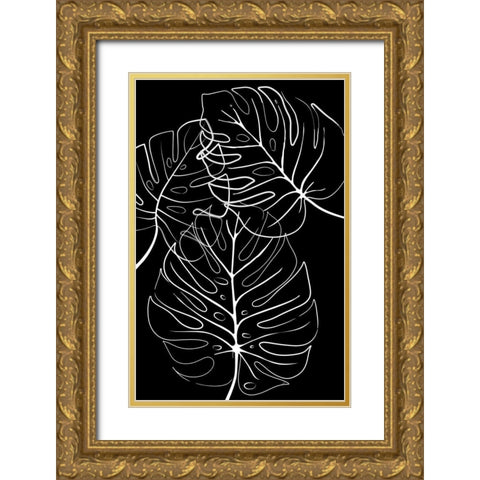 Ink Leaves Black Gold Ornate Wood Framed Art Print with Double Matting by Aesthete