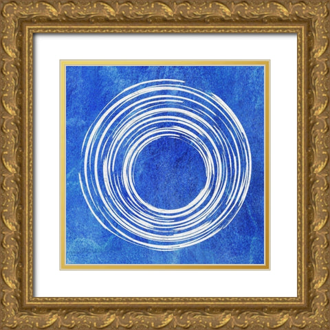 Blue Artsy Cirlces One Gold Ornate Wood Framed Art Print with Double Matting by Aesthete